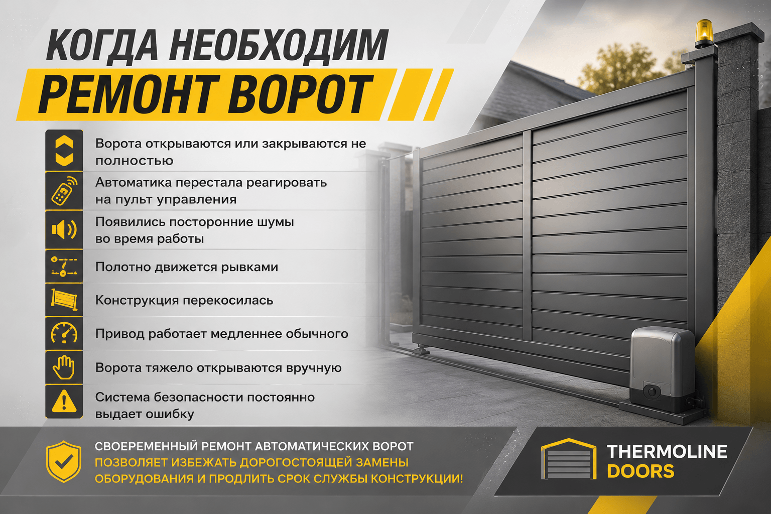 Когда необходим ремонт ворот в Козине — признаки неисправностей | THERMOLINE DOORS Признаки неисправностей автоматических, гаражных и секционных ворот перед ремонтом в Козине от THERMOLINE DOORS