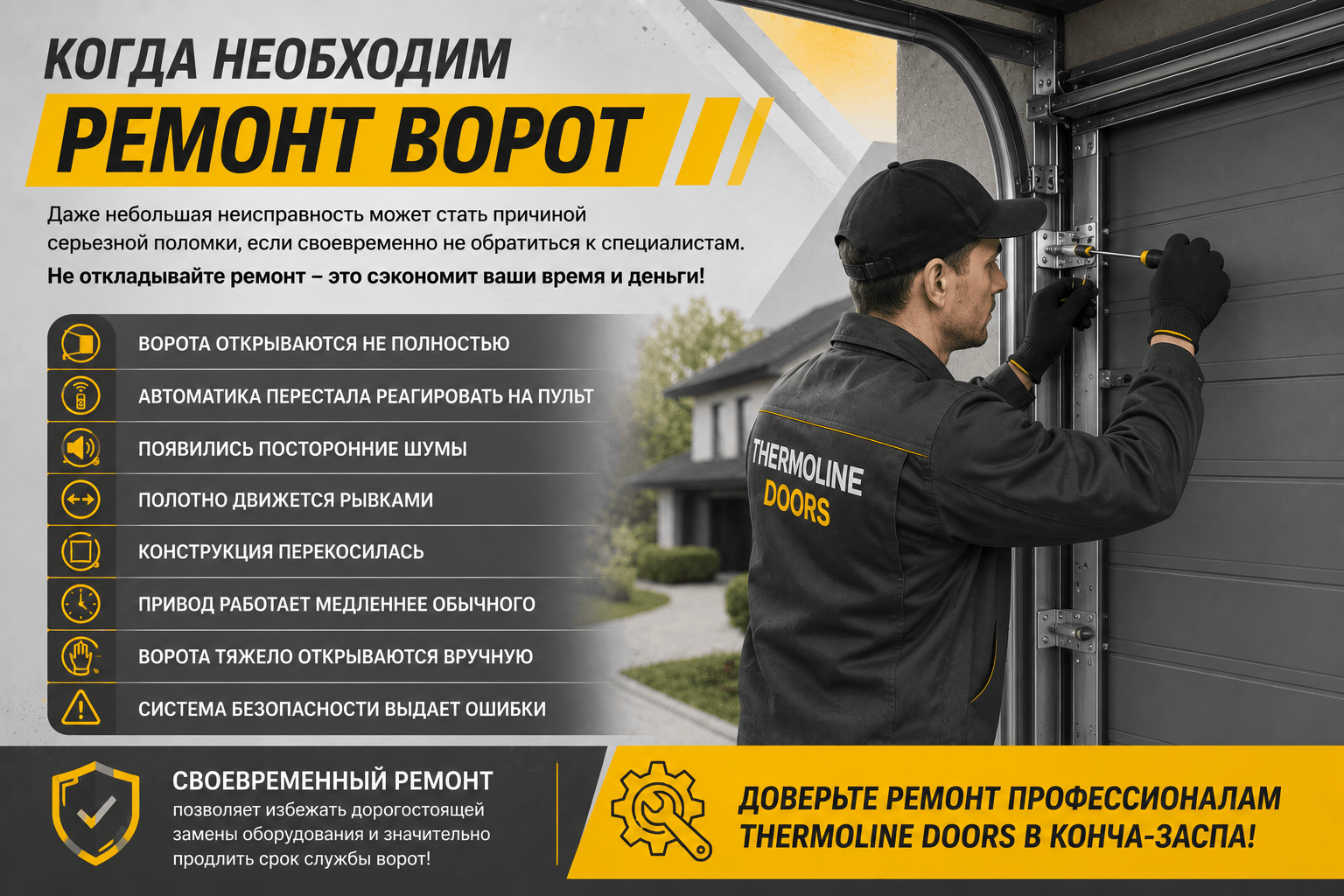 Когда необходим ремонт ворот в Конча-Заспе | THERMOLINE DOORS Основные признаки неисправностей автоматических, гаражных и секционных ворот в Конча-Заспе — профессиональный ремонт THERMOLINE DOORS.