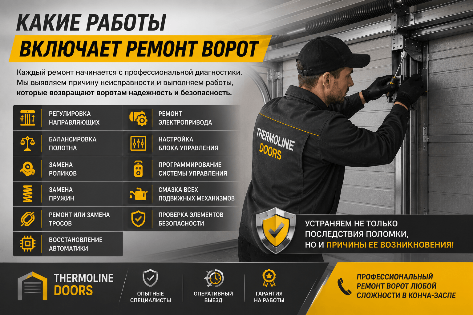 Какие работы включает ремонт ворот в Конча-Заспе | THERMOLINE DOORS Профессиональная диагностика, ремонт автоматики, замена роликов, пружин и тросов ворот в Конча-Заспе от THERMOLINE DOORS.